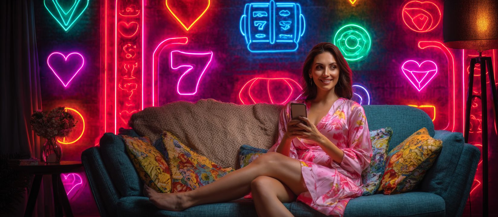 Smiling woman at home using OKLA casino app on her smartphone with colorful neon slot signs in the background