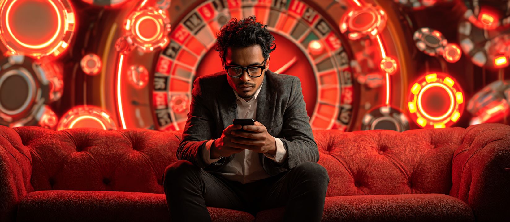 OKLA app – Enjoy the complete casino experience anywhere in Bangladesh Focused man playing on his phone with glowing roulette wheel and casino chips representing OKLA mobile gaming