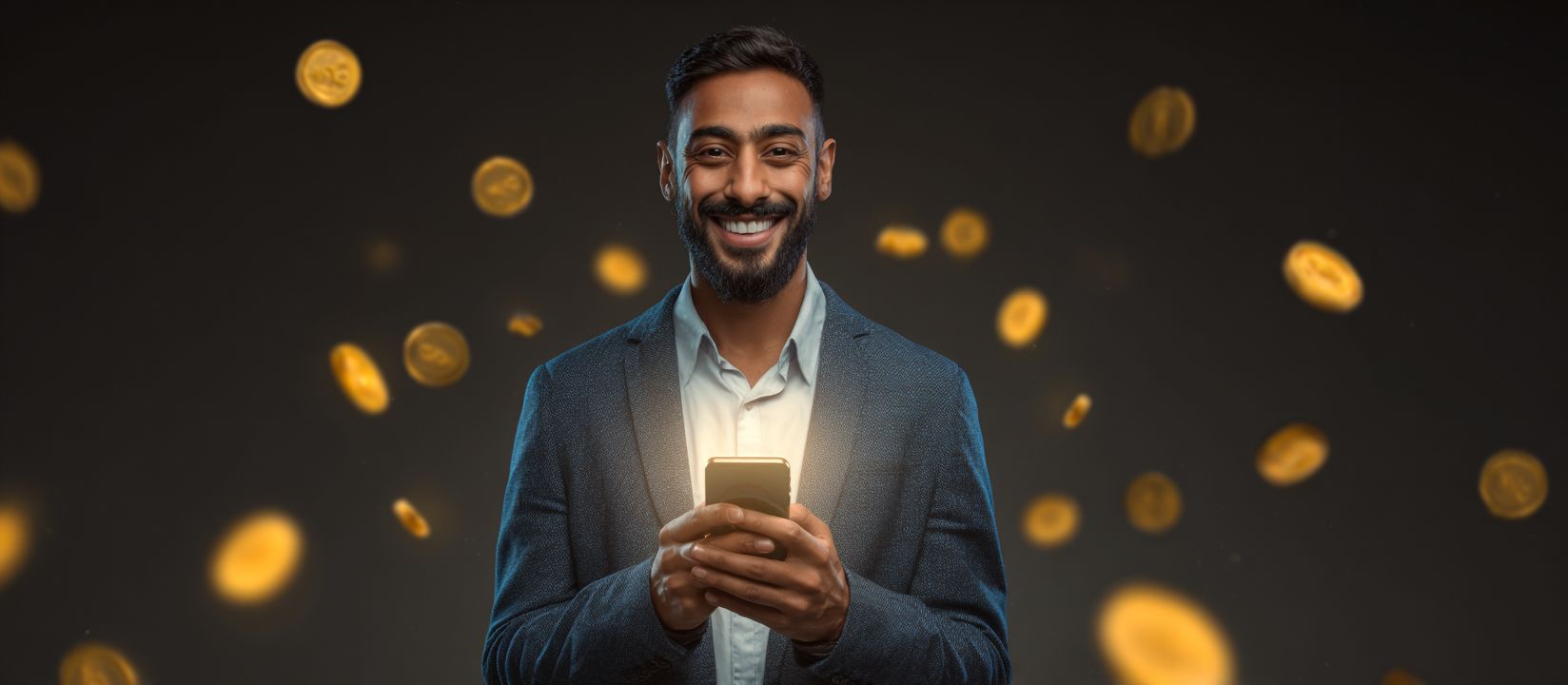 OKLA Bonus – Claim the best rewards and promotions in online gaming Happy man holding smartphone with golden coins floating around, symbolizing OKLA casino bonuses and rewards