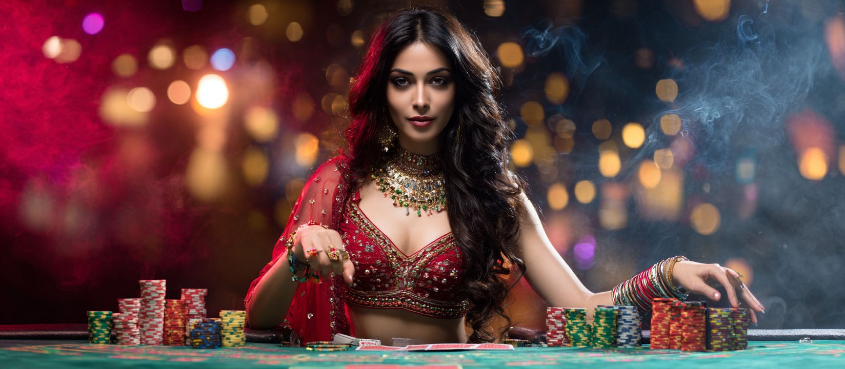 Beautiful woman in traditional attire playing at OKLA casino table with colorful poker chips and cards