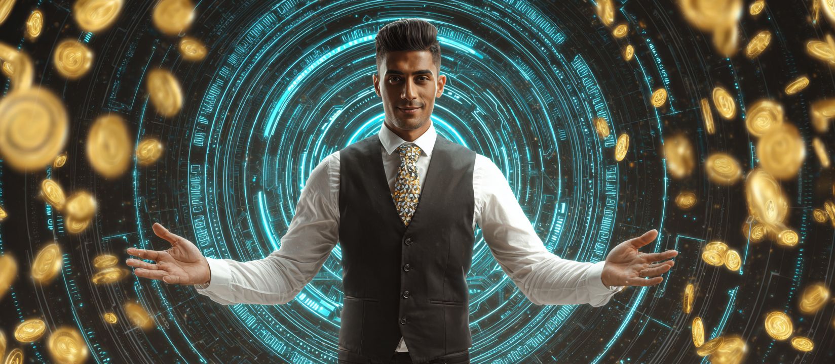 Confident man in vest surrounded by digital coins representing secure transactions at OKLA online casino