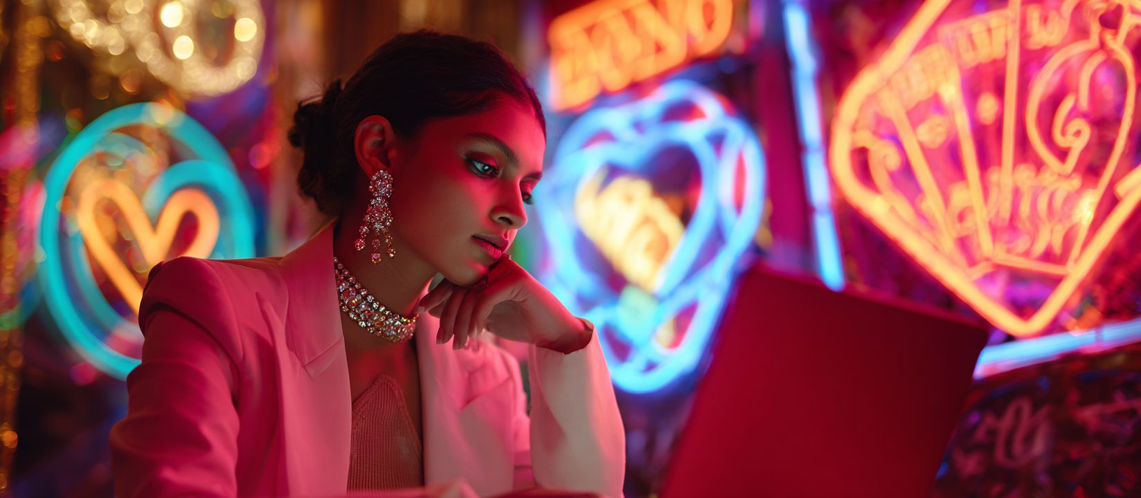 Elegant woman enjoying the vibrant world of OKLA online casino with neon lights in the background