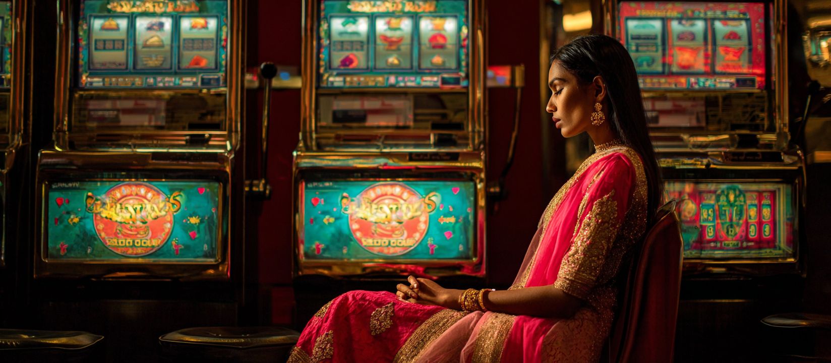 OKLA Slots – The ultimate destination for online slot games in Bangladesh Elegant woman in traditional dress sitting by slot machines at OKLA casino, surrounded by colorful lights and games
