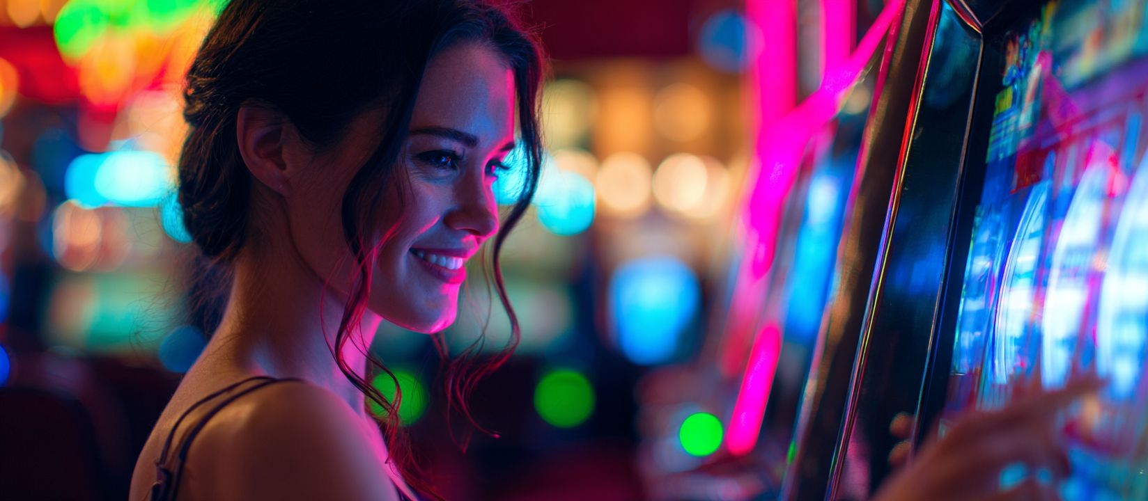 Smiling woman playing brightly lit slot machines at OKLA casino surrounded by neon lights