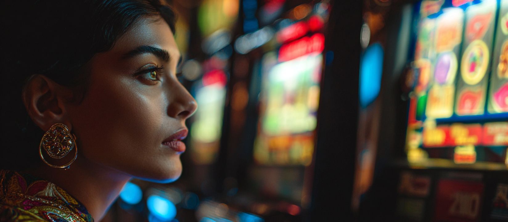 OKLA Slots – Enjoy endless excitement with top online slot games Focused woman playing glowing slot machines at OKLA casino with colorful lights in the background